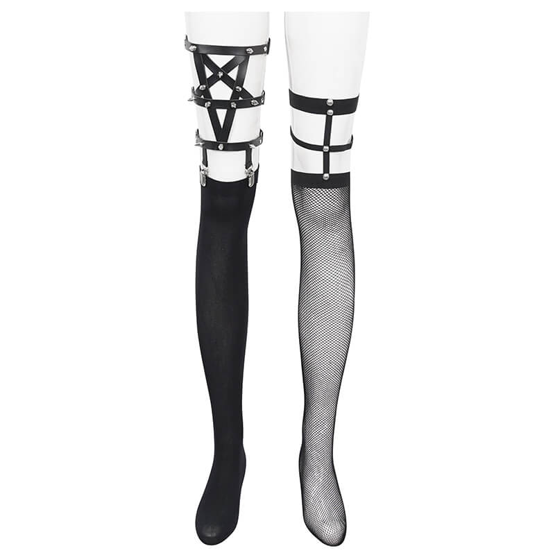 Punk style asymmetrical socks with studs and garter, showcasing bold alternative fashion for women.