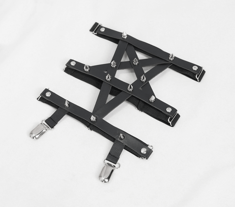 Punk style black harness with studs, perfect for alternative fashion lovers and bold style enthusiasts.