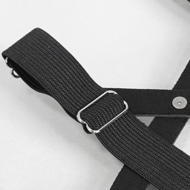 Close-up of a black punk-style garter strap featuring a metal buckle and woven fabric, perfect for alternative fashion.