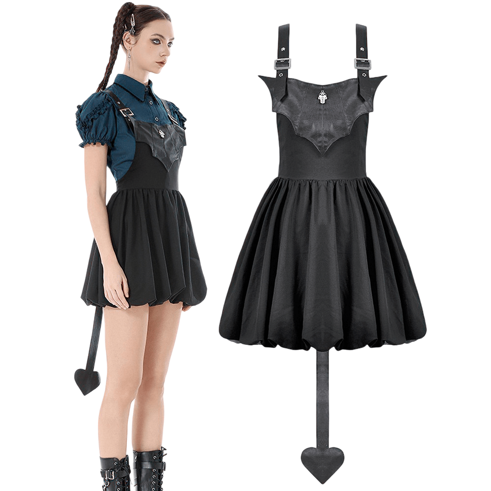 Punk Style Black Dress with Bat Bodice and Heart Detail showcased on a model, emphasizing its gothic charm and playful design.