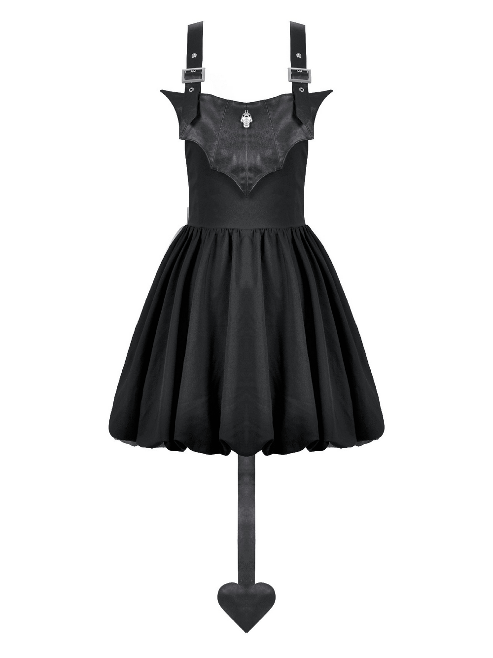 Punk Style Black Dress with Bat Bodice and Heart Detail showcasing bat-inspired corset and heart-hem skirt.