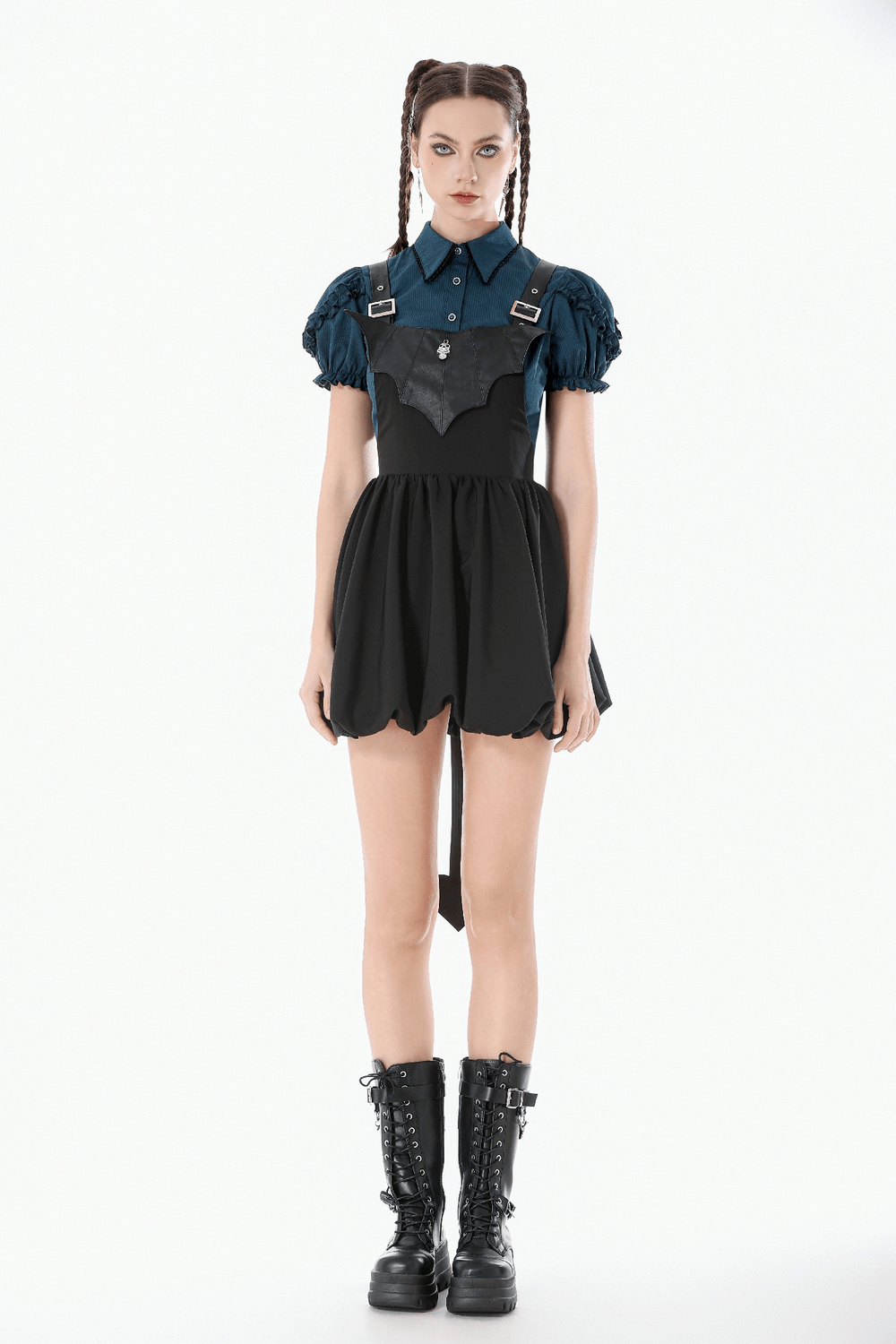 Punk Style Black Dress with Bat Bodice and Heart Detail on model, showcasing gothic charm and playful design.