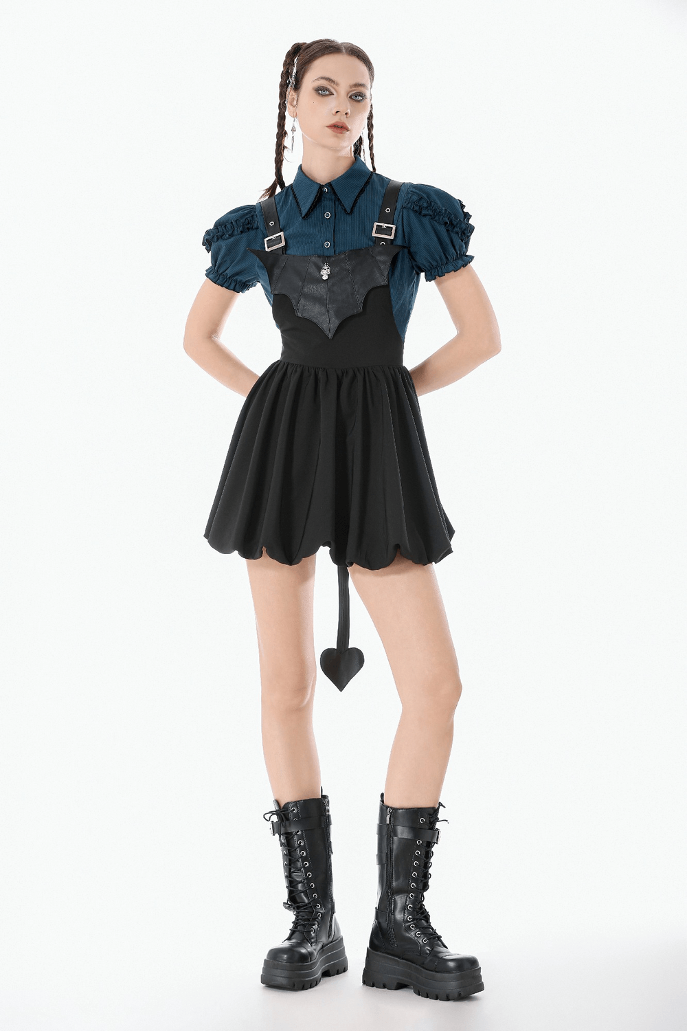Punk Style Black Dress with Bat Bodice and Heart Detail, featuring a playful heart-shaped design and adjustable straps.