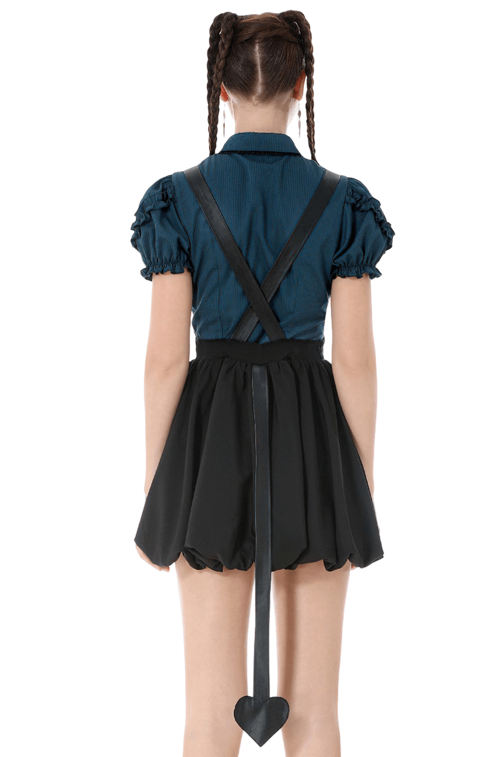 Punk Style Black Dress with Bat Bodice and Heart Detail, featuring playful heart detail and puffed sleeves.