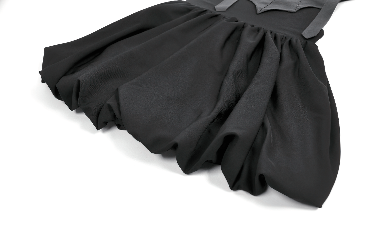 Punk Style Black Dress with Bat Bodice and Heart Detail showing voluminous black skirt and corset top.