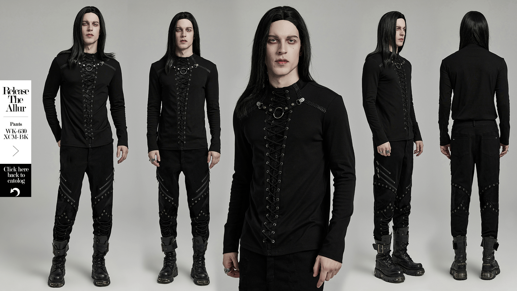 Punk style black lace-up long sleeve top for men, featuring mesh panels and bold ring details.