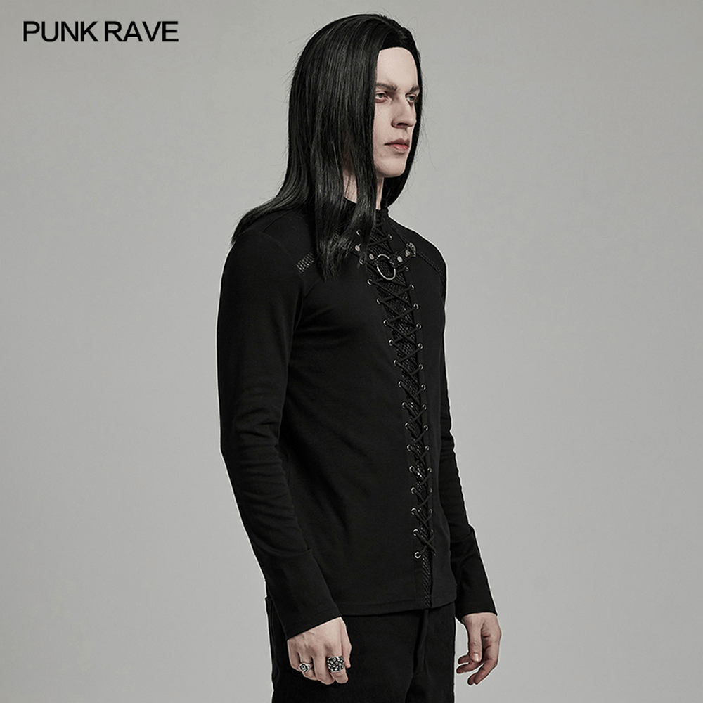 Men's punk style black long sleeve top featuring lace-up details and iron rings for a Gothic look.