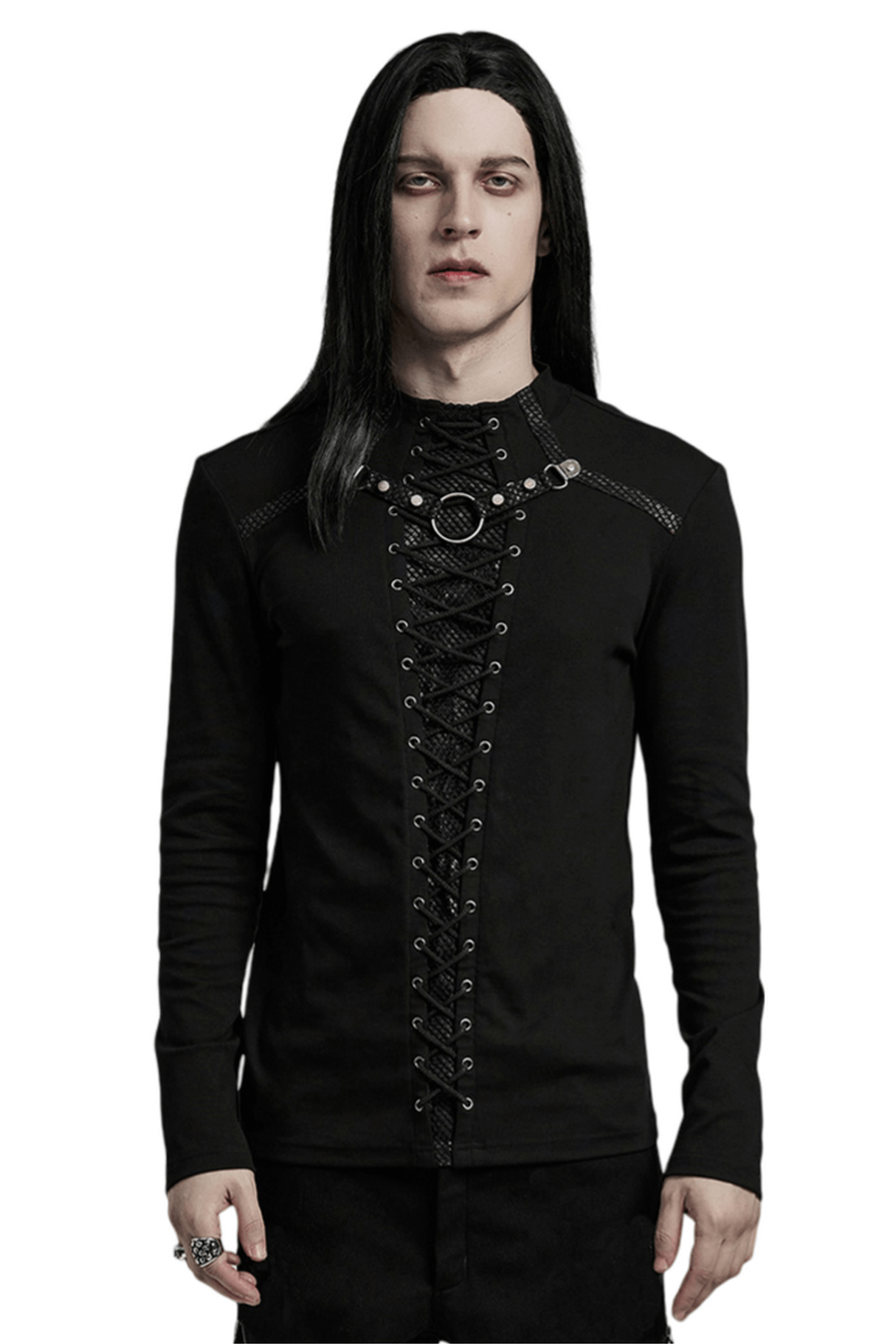 Punk style black long sleeve top with lace-up detail and iron rings, showcasing an alternative Gothic fashion.