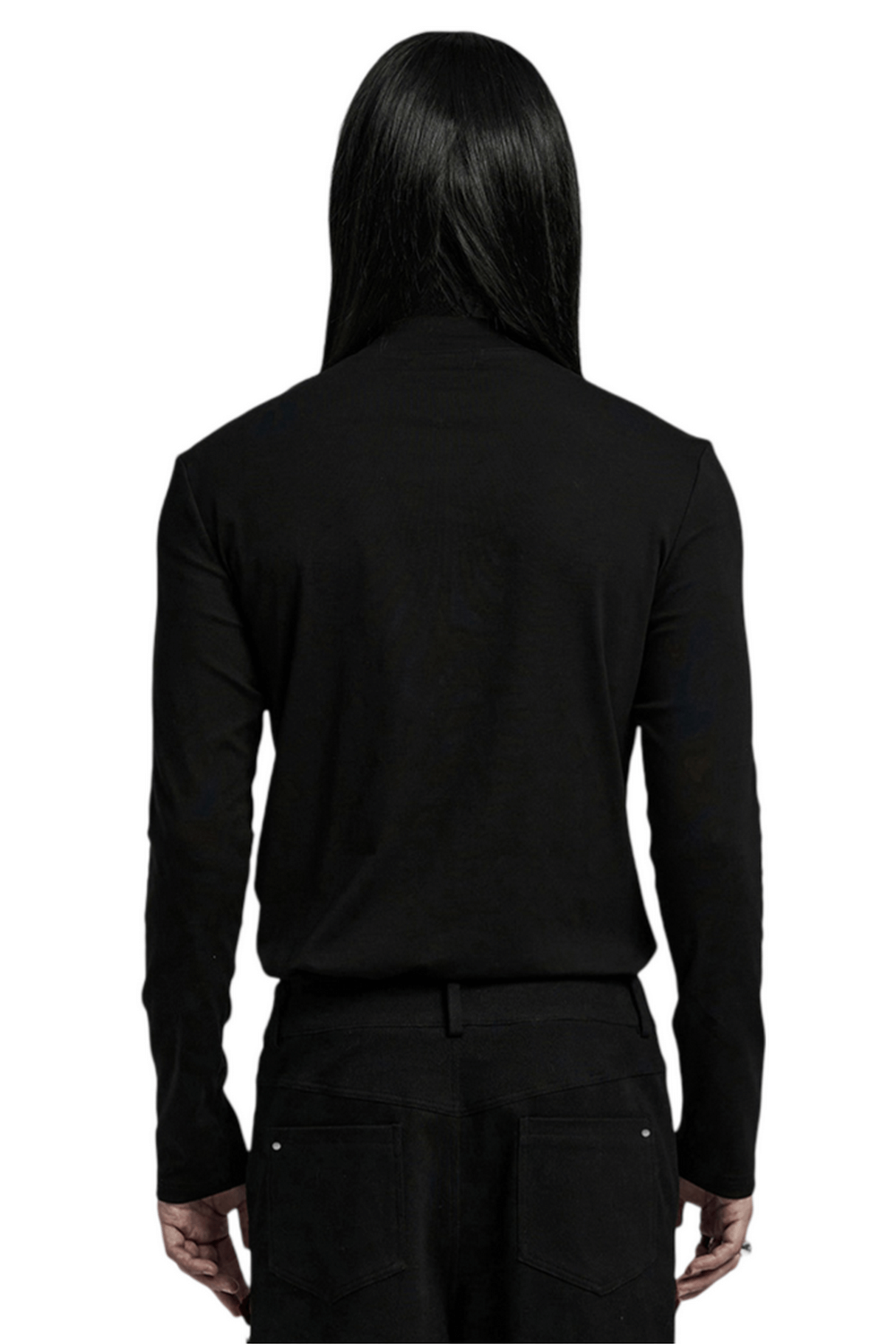 Back view of a black long sleeve men's top with a sleek design, showcasing alternative punk style.