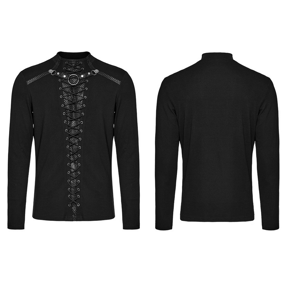 Punk style black lace-up men's long sleeve top with iron ring details, showcasing alternative fashion with mesh panel.