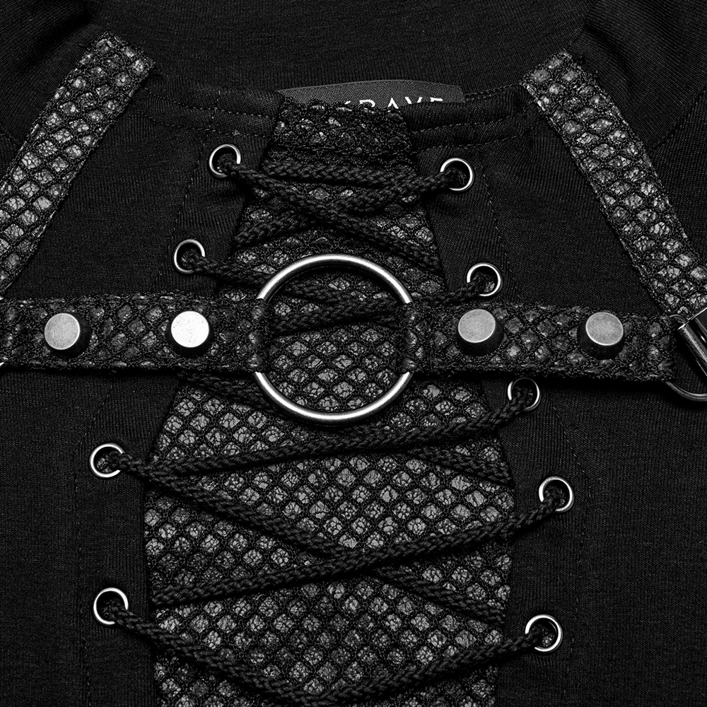 Close-up of punk style black lace-up men's top featuring mesh and iron ring details.