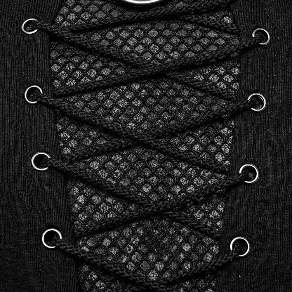 Close-up of punk style black lace-up detail with iron rings on mesh panel, showcasing alternative fashion aesthetics.