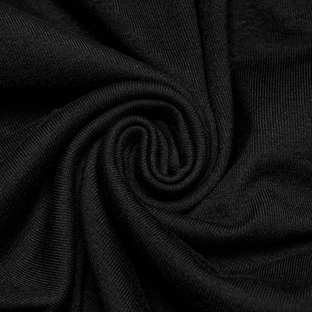 Close-up of textured black fabric for alternative style punk tops, showcasing a soft, stretchy knit material.