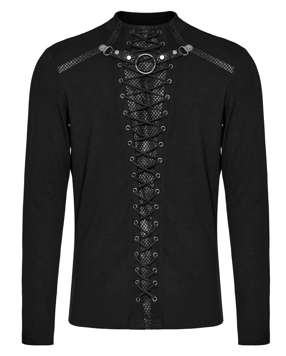 Punk style black lace-up long sleeve top with ring details and mesh panels for men, exuding Gothic flair.