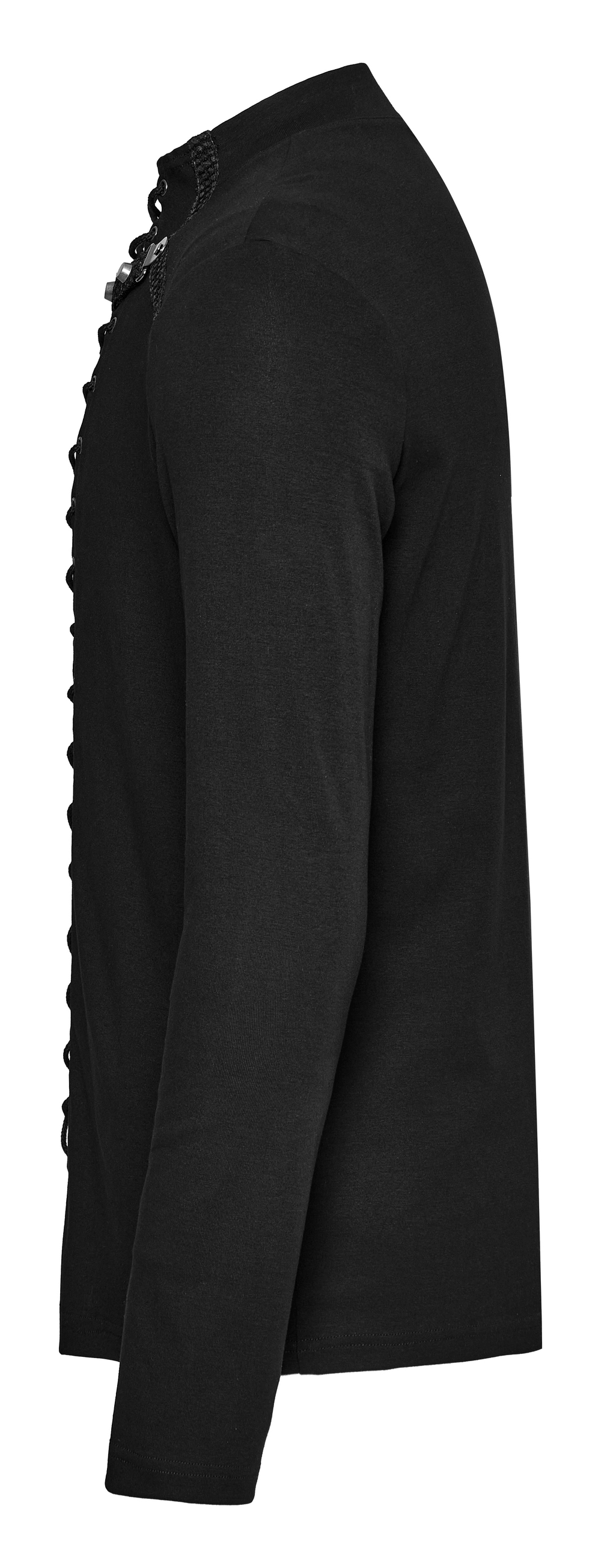 Punk style black lace-up men's top with iron rings, showcasing a sleek side view and long sleeve design.