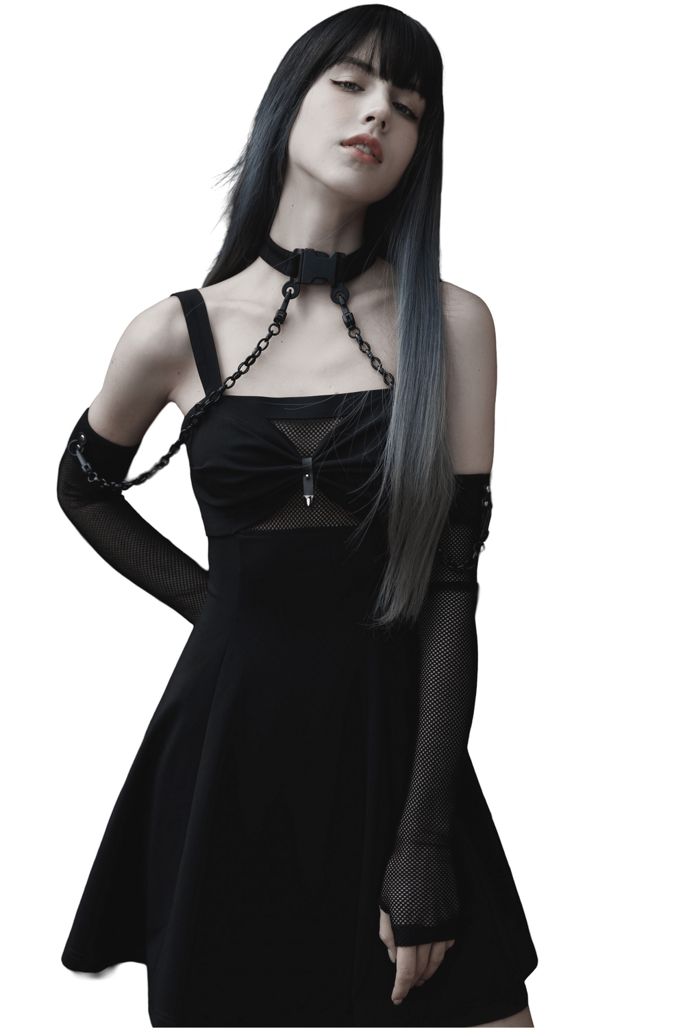 Punk style model wearing a black dress, elastic gauze choker, and detachable arm sleeves with chains.