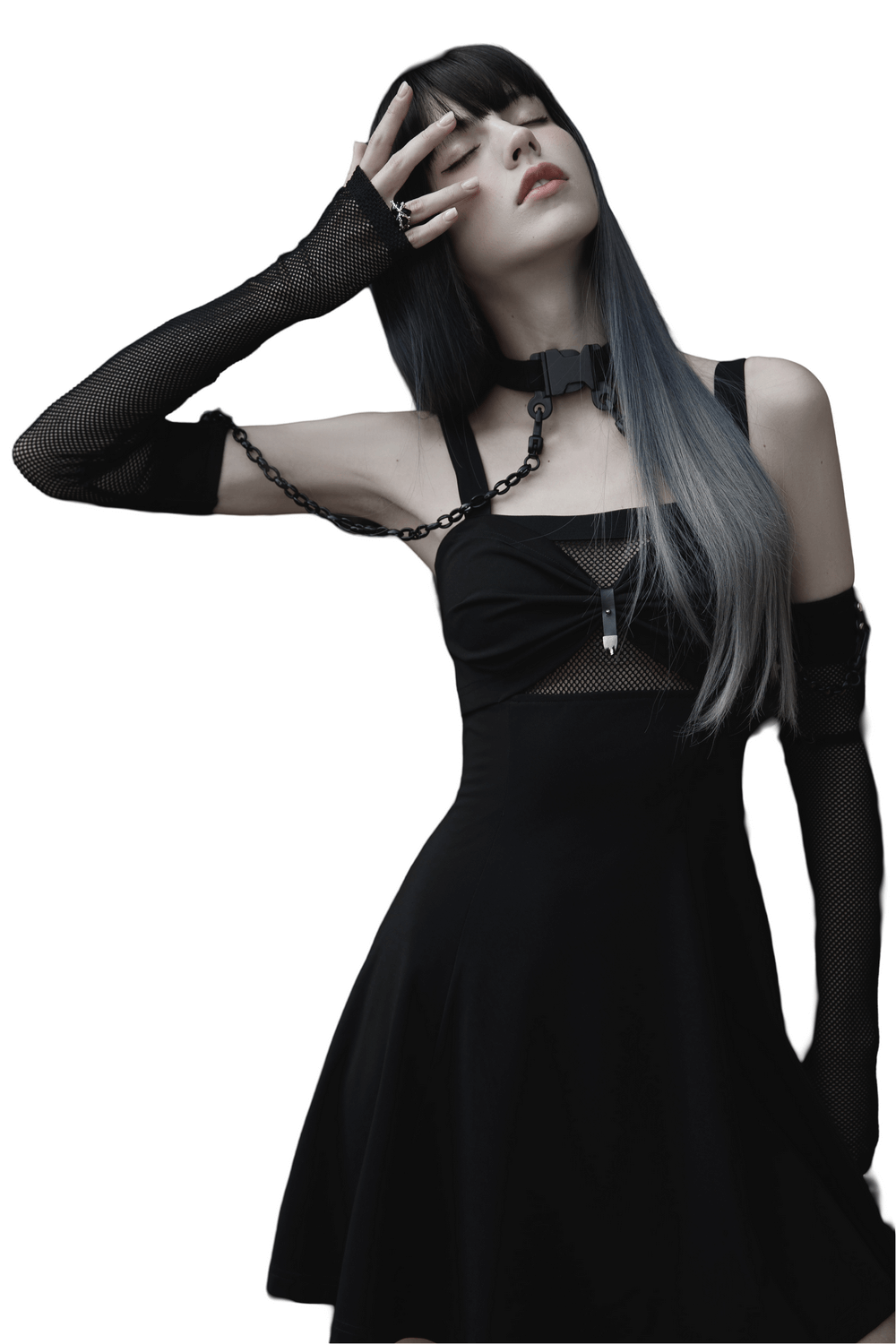 Model showcasing punk style elastic gauze choker and arm sleeves, exuding bold fashion vibes with striking chains.