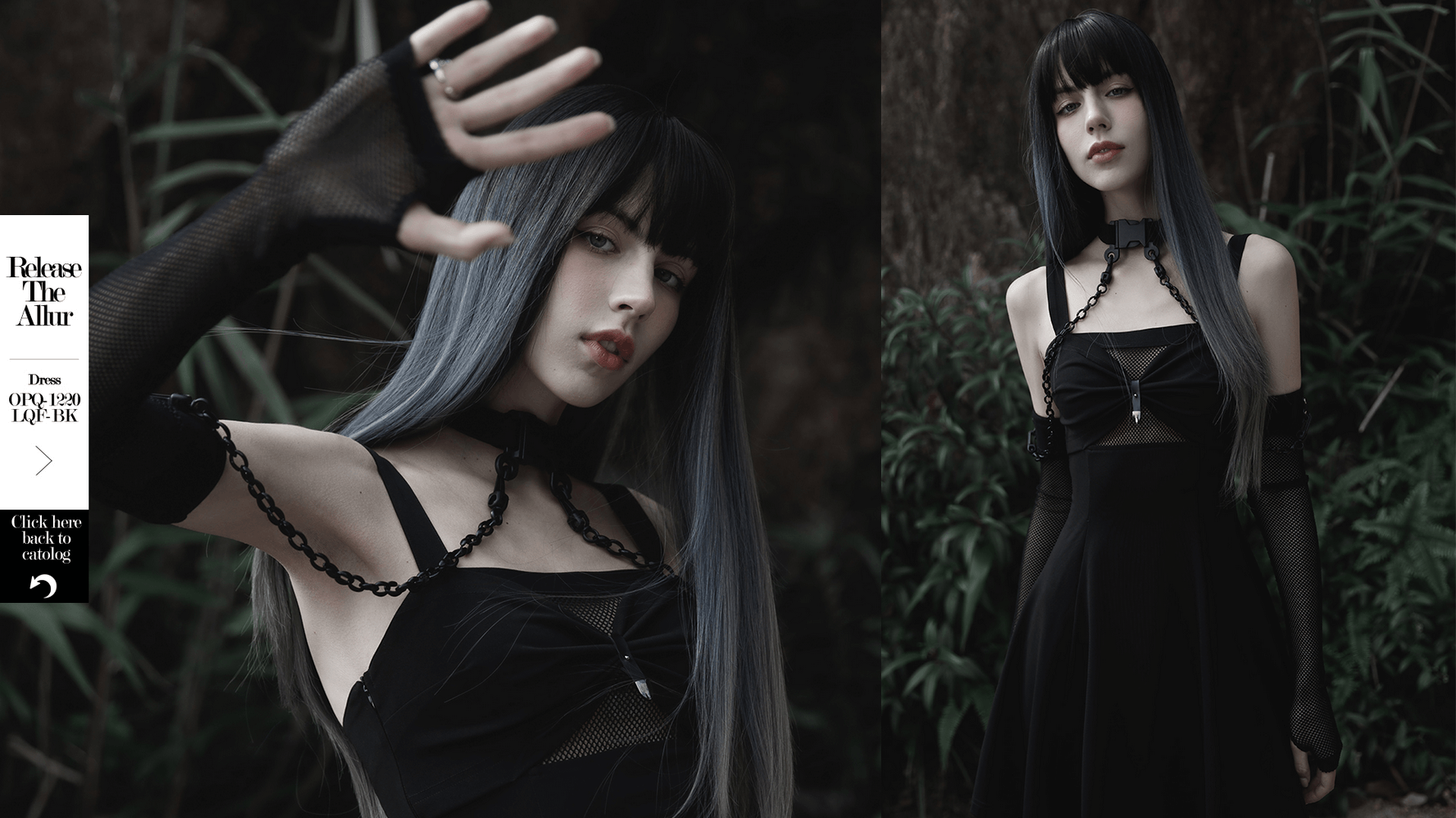 Punk style model showcasing an elastic gauze choker and detachable arm sleeves in a sleek black dress.