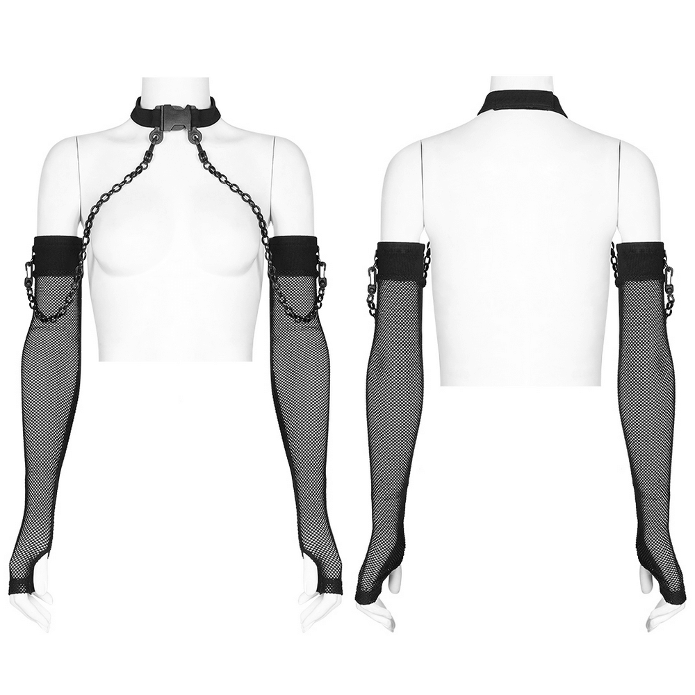 Punk style black gauze choker and detachable arm sleeves featuring metal rivets and chains for a bold fashion statement.
