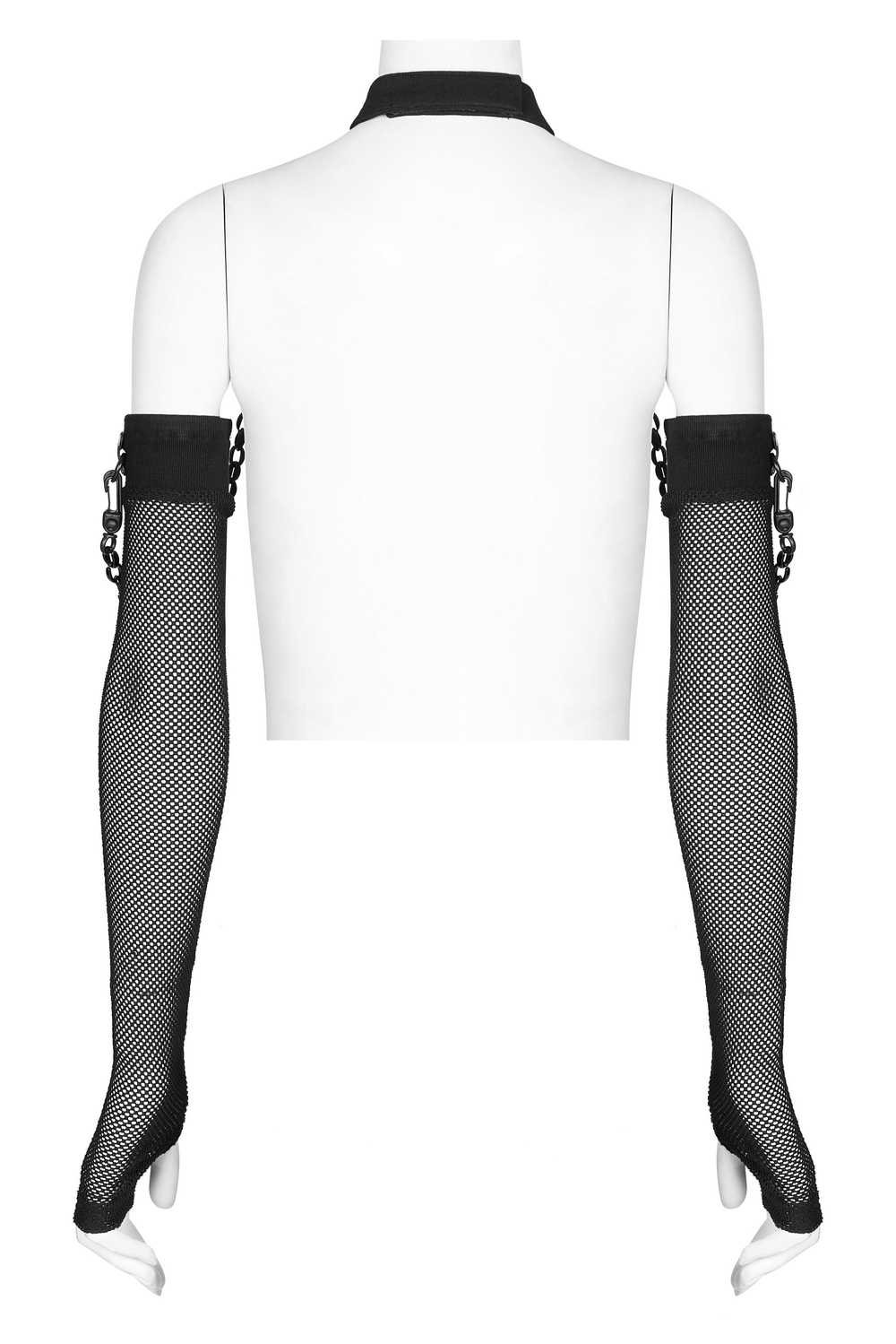 Punk style black gauze choker with detachable fishnet arm sleeves featuring metal rivets and chain details.