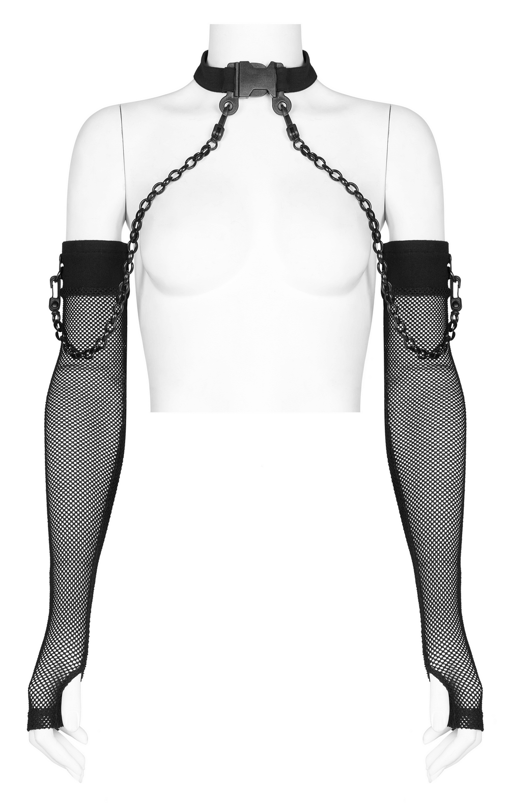 Punk style elastic gauze choker and detachable arm sleeves with metal rivets and chains for a bold fashion statement.