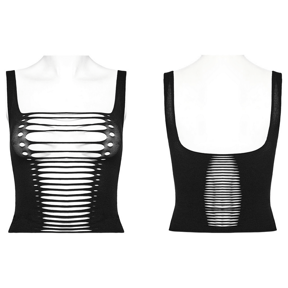Edgy punk style black tank top showcasing hollow-out design for women.