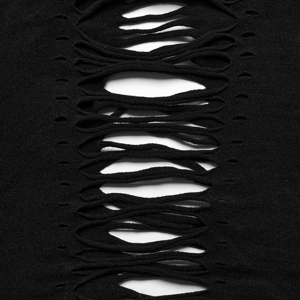 Close-up of punk style black tank top with hollow-out design, showcasing edgy fashion details.