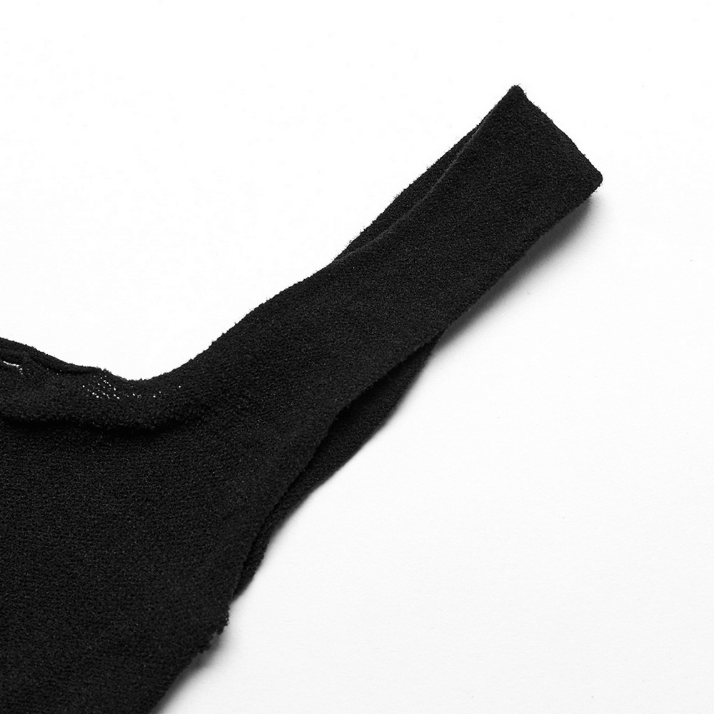 Close-up of a punk style black tank top showcasing its elastic hollow-out design and edgy silhouette.
