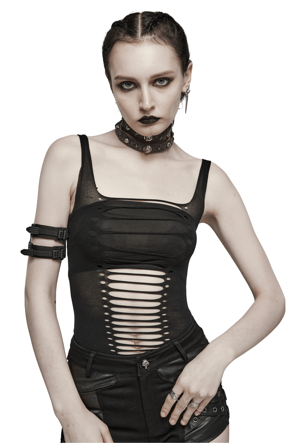 Punk style black hollow-out tank top for women, showcasing edgy fashion and form-fitting design.