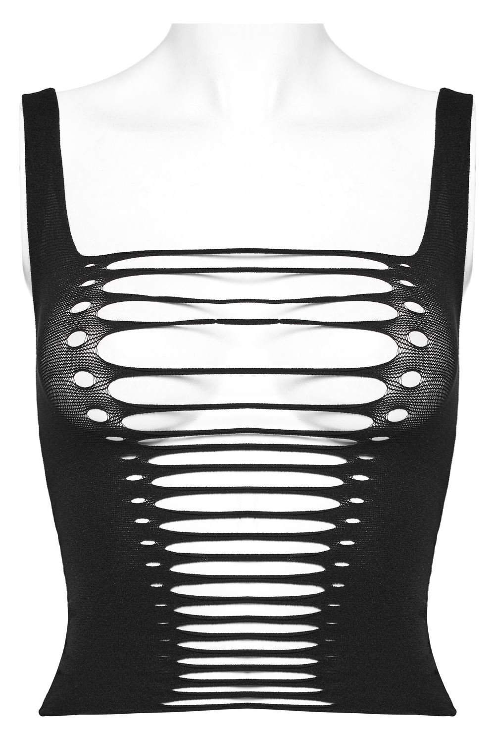 Punk style black tank top with hollow cutouts, showcasing an edgy and unique fashion statement for women.