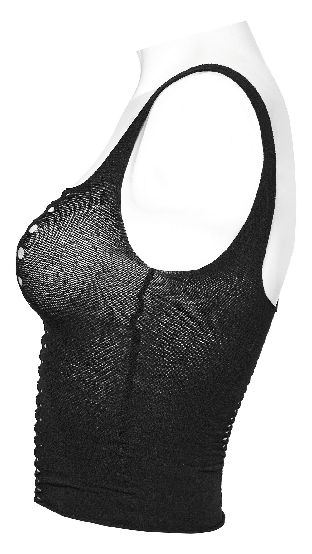 Punk style black tank top for women with hollow-out design and edgy fit, showcasing bold fashion.