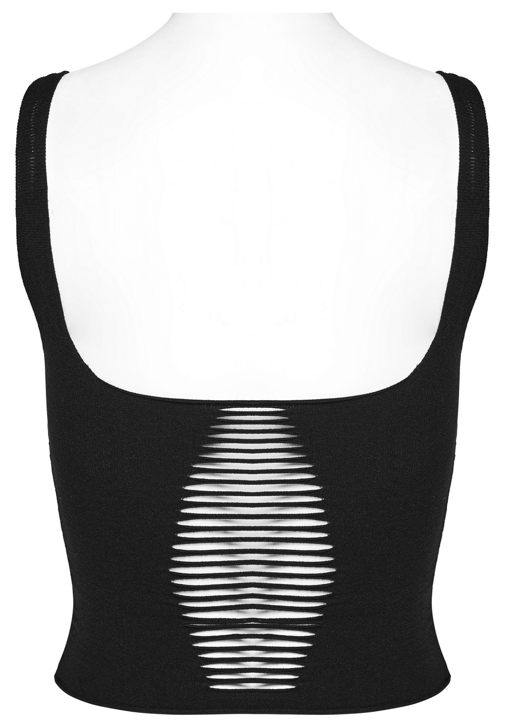 Back view of a punk style black tank top featuring hollow-out design, showcasing a rebellious and edgy look.