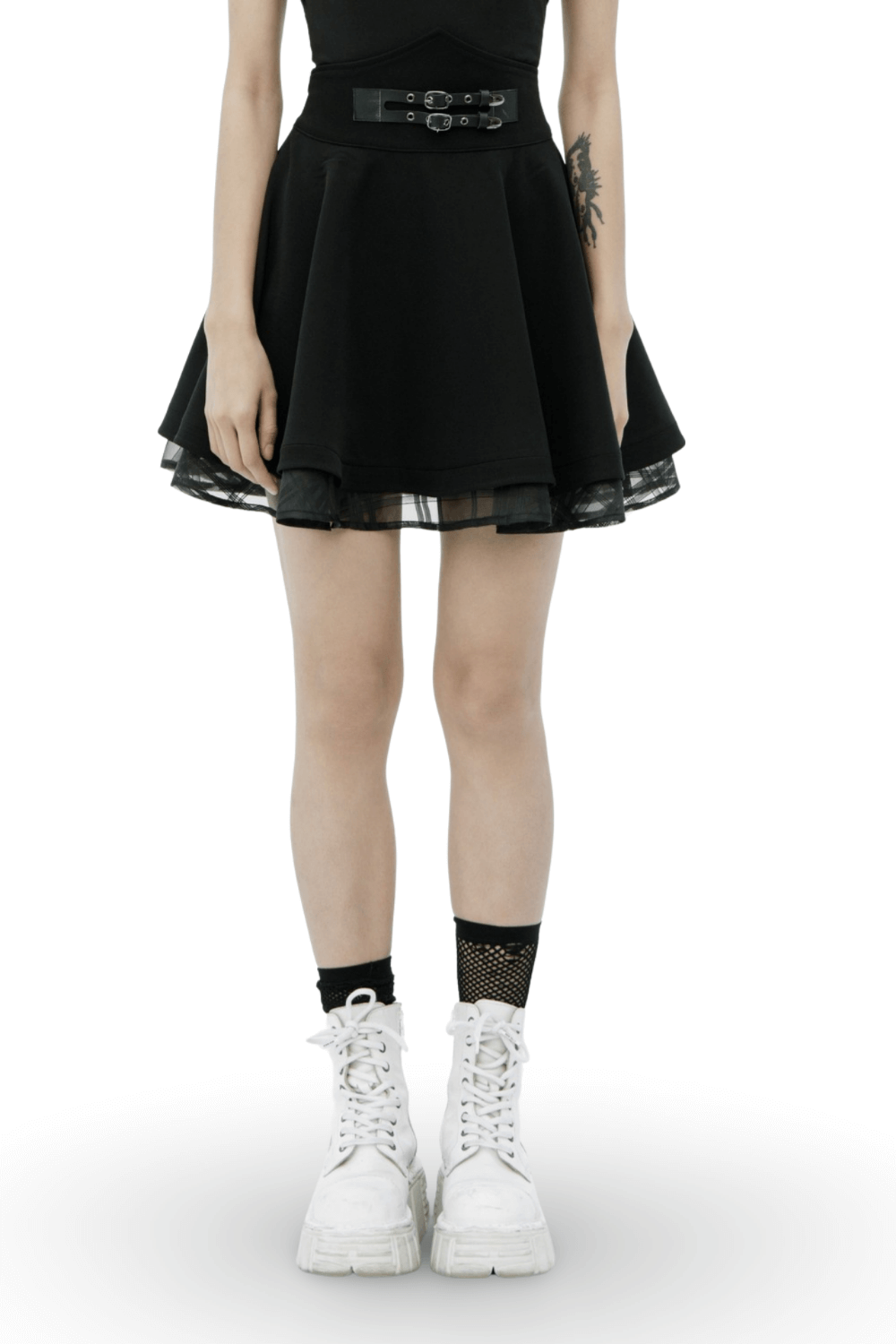 Punk style high waist layered skirt with buckle, featuring a twill top and checkered Organza, paired with stylish white boots.