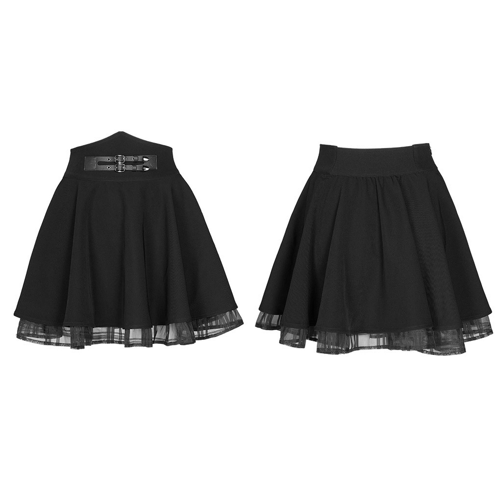 Punk style high waist layered skirt with buckle and checkered organza, featuring a flouncy sun-swing cut.