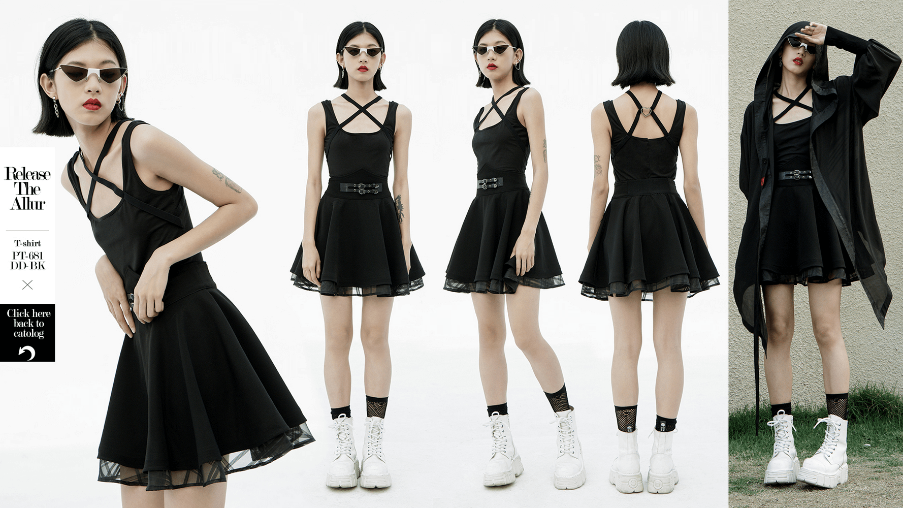Punk style Nicola high-waist layered skirt featuring gunmetal loops and a swing cut, styled with edgy accessories.