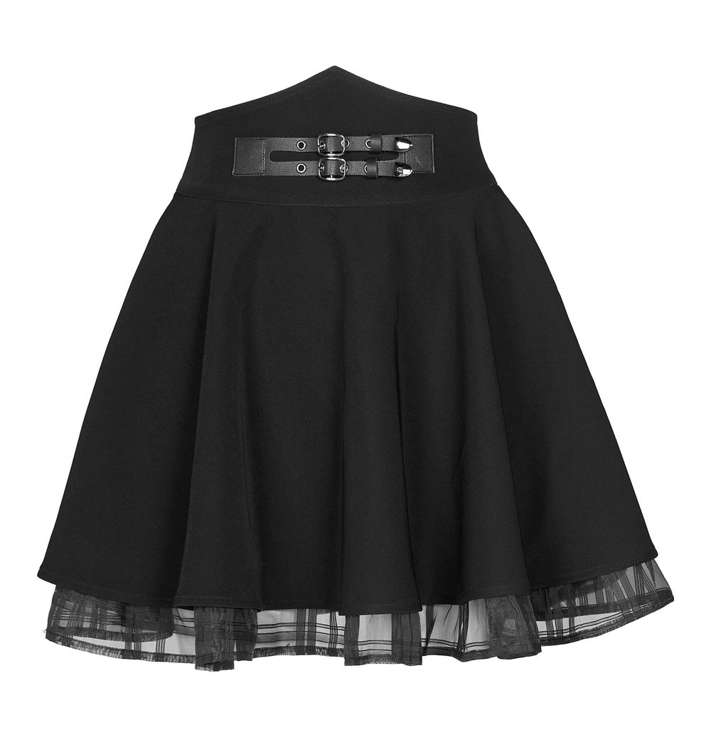 Punk style high waist layered skirt with buckle, featuring gunmetal loops and a checkered organza layer.