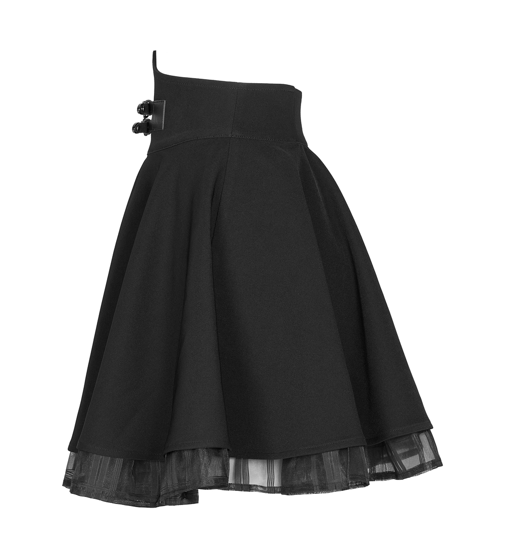 Punk style high waist layered skirt featuring gunmetal loops and checkered organza accents.