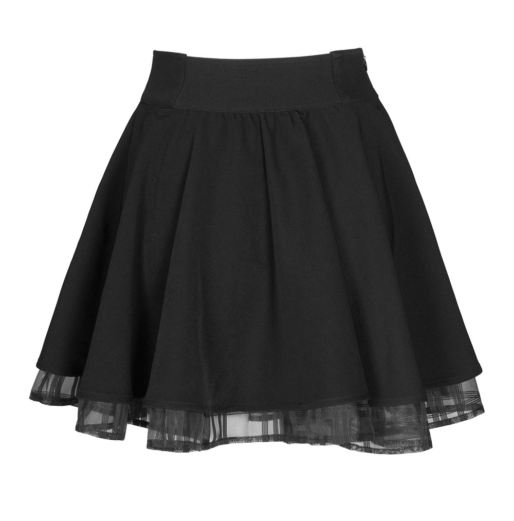 Punk style high waist layered skirt featuring a black twill top and checkered Organza trim.