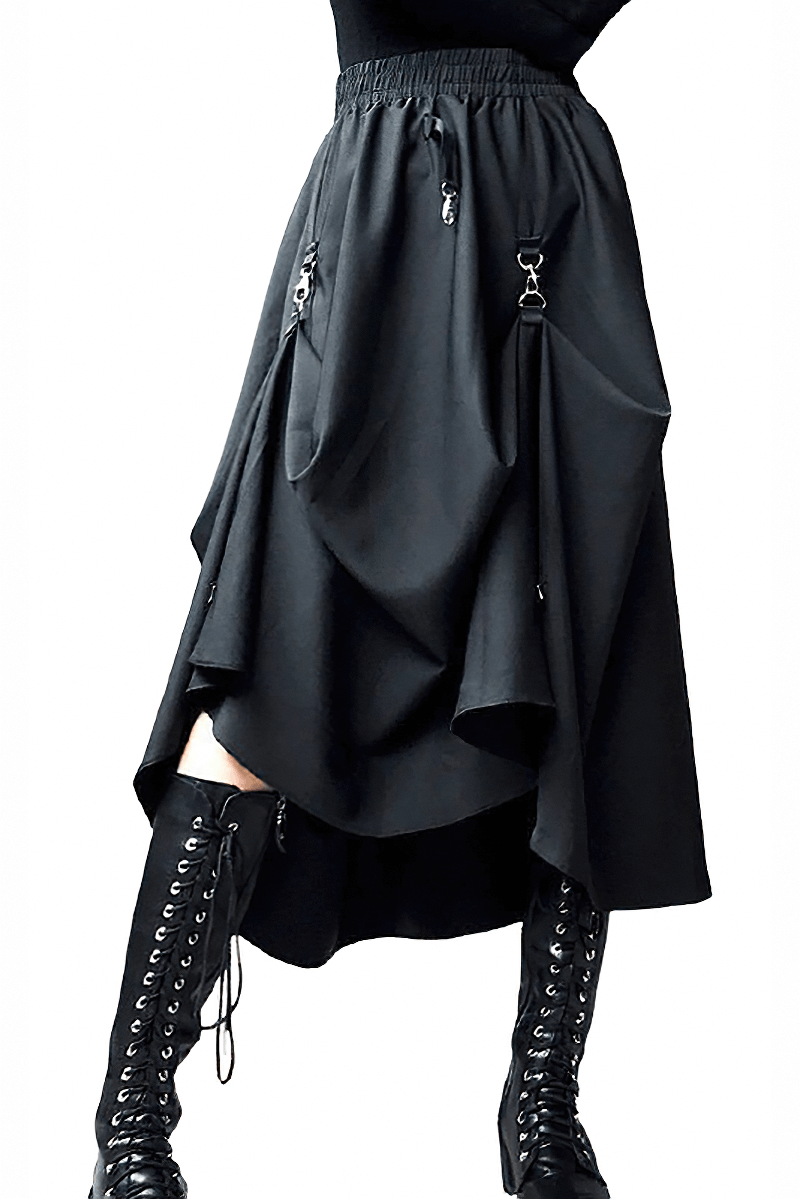 Gothic women's black high waist punk style irregular skirt with buckles and asymmetrical design.