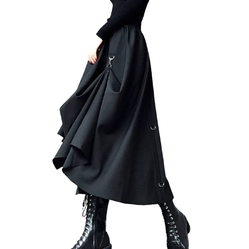 Gothic black long skirt with asymmetrical design and buckles, perfect for punk style outfits.