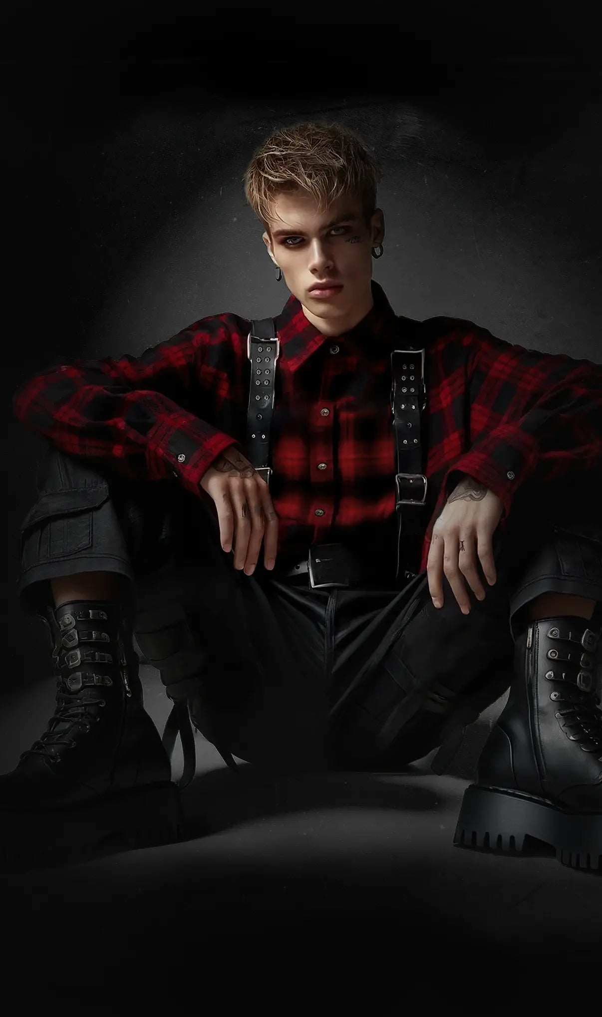 Sitting Punk Style Man in Red Plaid Shirt and Black Boots