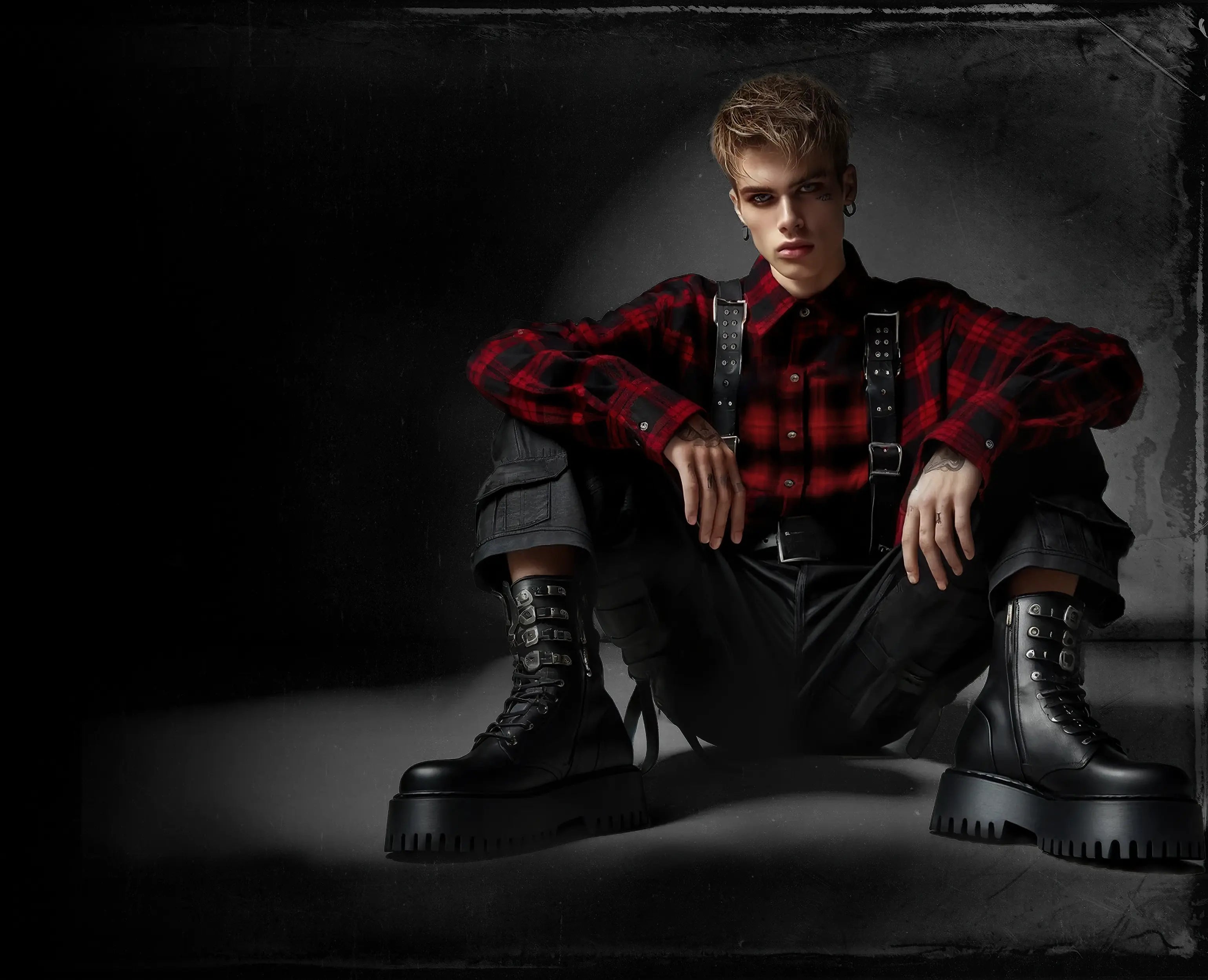 Sitting Punk Style Man in Red Plaid Shirt and Black Boots