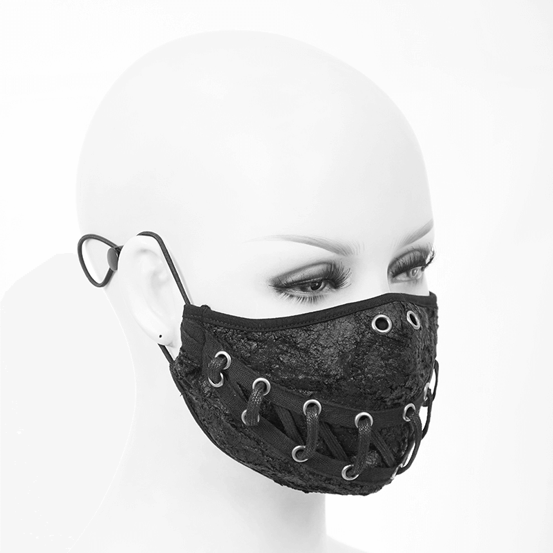 Punk style unisex black mask with lace-up design and torn mouth pattern for a trendy accessory look.