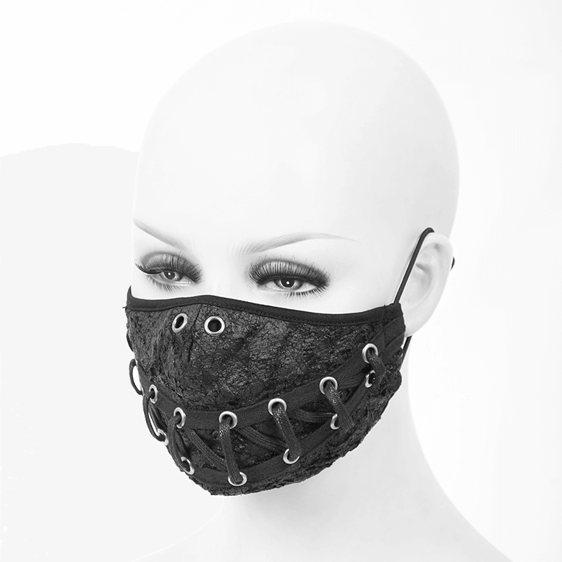 Stylish unisex black punk style mask with lace-up design and torn mouth pattern, perfect for edgy outfits.