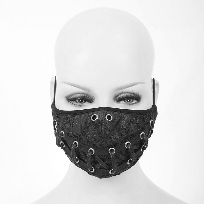 Stylish unisex black punk mask with lace-up and torn mouth pattern, perfect for edgy outfits.