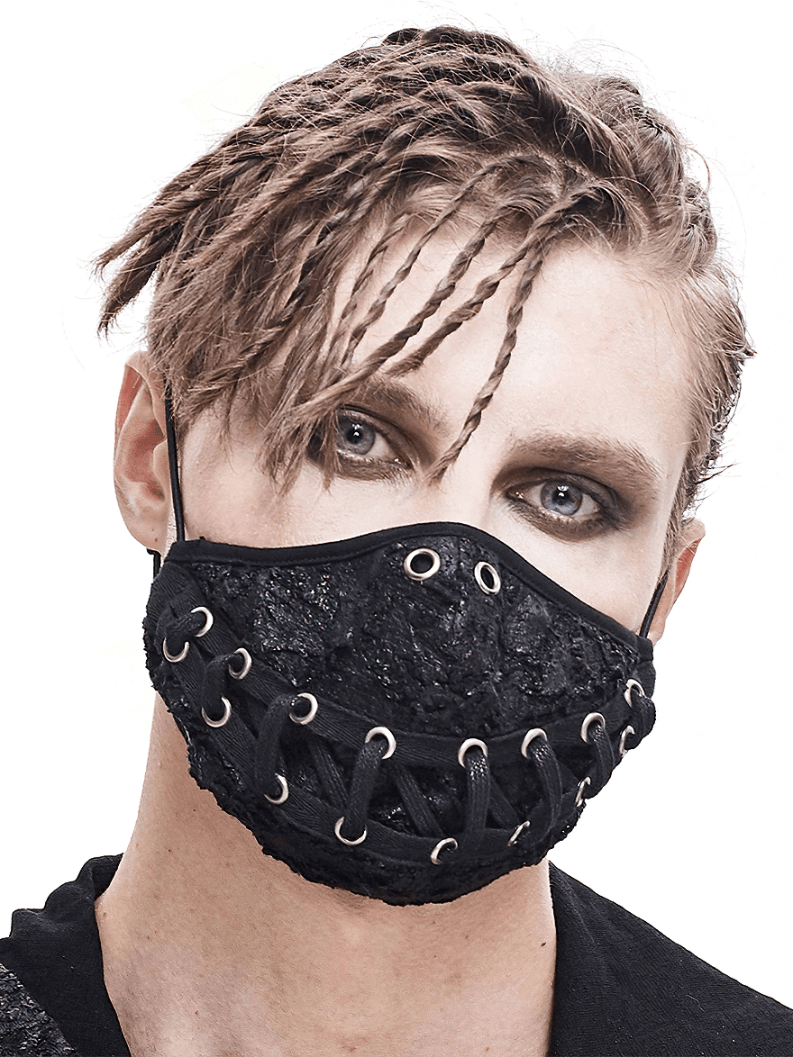 Unisex black punk style mask with lace-up design and torn mouth pattern, perfect for edgy fashion statements.