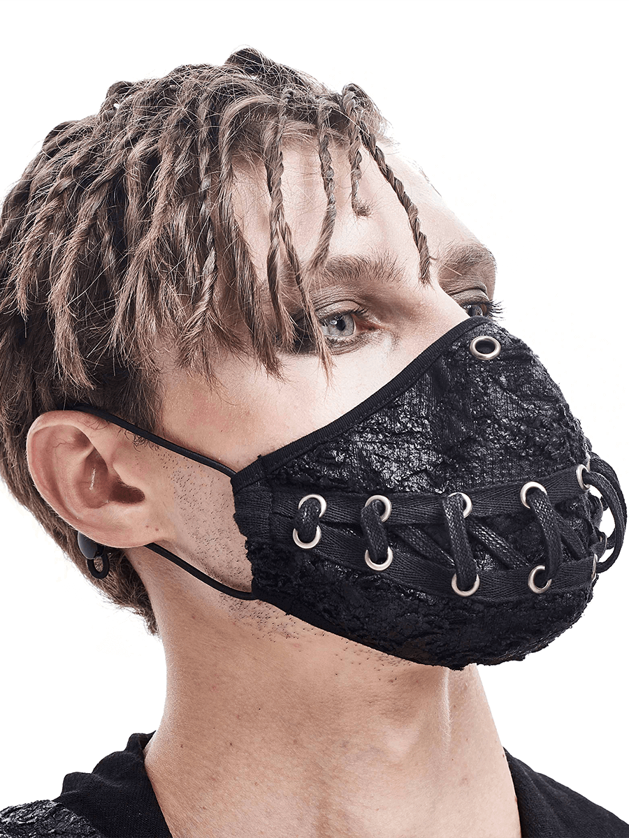 Stylish unisex black punk mask with lace-up design and torn mouth pattern, perfect for edgy outfits.