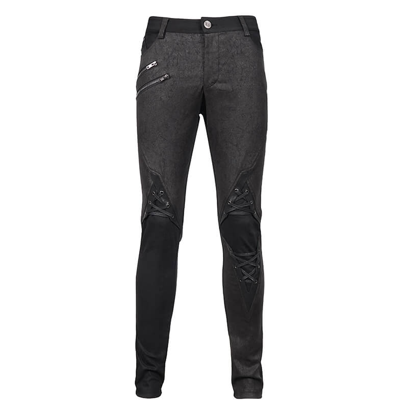 Punk Style Men's Jeans From Feature With Faux Leather Trim / Fashion Male Zip Pants with Lace-Up - HARD'N'HEAVY
