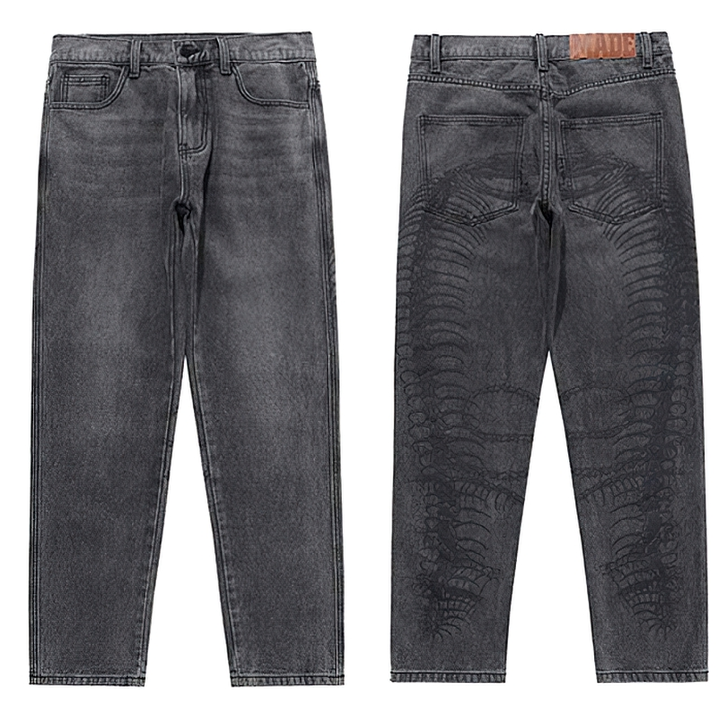 Punk style men's jeans with skeleton print, retro baggy denim pants, front and back view in gray.