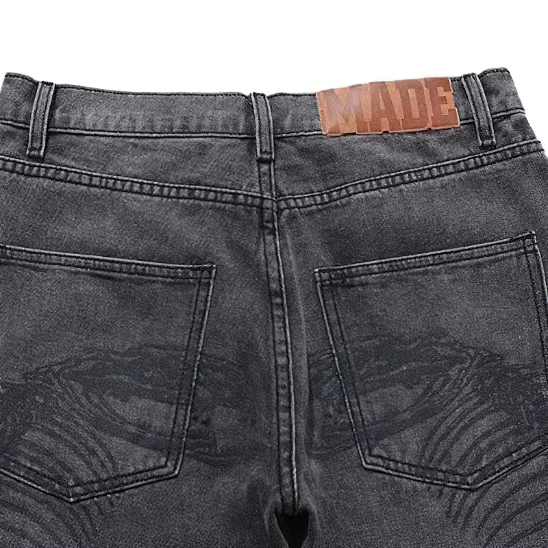 Punk style men's jeans with skeleton print on back, retro denim baggy trousers, EU sale, edgy fashion.